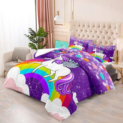 Unicorn Girls Full Size Bedding Sets Cartoon Unicorn Comforter Kids Bedding Set Cute Rainbow Unicorn Print Full Size Bedding Unicorn Kawaii Comforter Set, Purple, 1 Comforter+2 Pillowcases - LeafyLoom