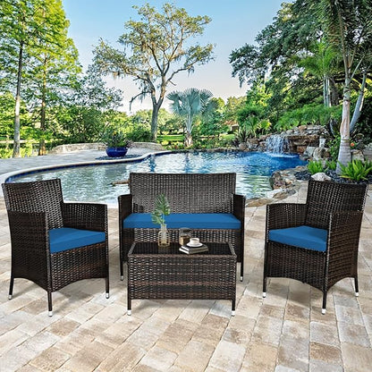 Goplus 4-Piece Rattan Patio Set, Outdoor/Indoor Wicker Conversation Set for Pool, Backyard, Lawn, Wicker Chairs and Sofa with Soft Cushion, Rattan Furniture with Tempered Glass Coffee Table - LeafyLoom