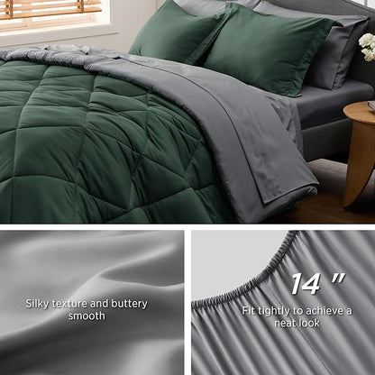 Bedsure Forest Green Twin Comforter Set - 5 Pieces Reversible Twin Bed in a Bag for College, Extra Long Twin Bed Set Forest Green and Grey with Comforters, Sheets, Pillowcase & Sham - LeafyLoom