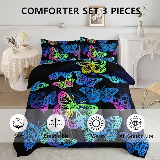 Axolotl Colorful Butterflies Bedding Set,Twin Size Kids Bed Set,Gradient Butterfly Comforter Set,1 Quilt with 2 Pillowcases for Boys Girls Kids Teens Children Adults Room Decor All Season,Black - LeafyLoom