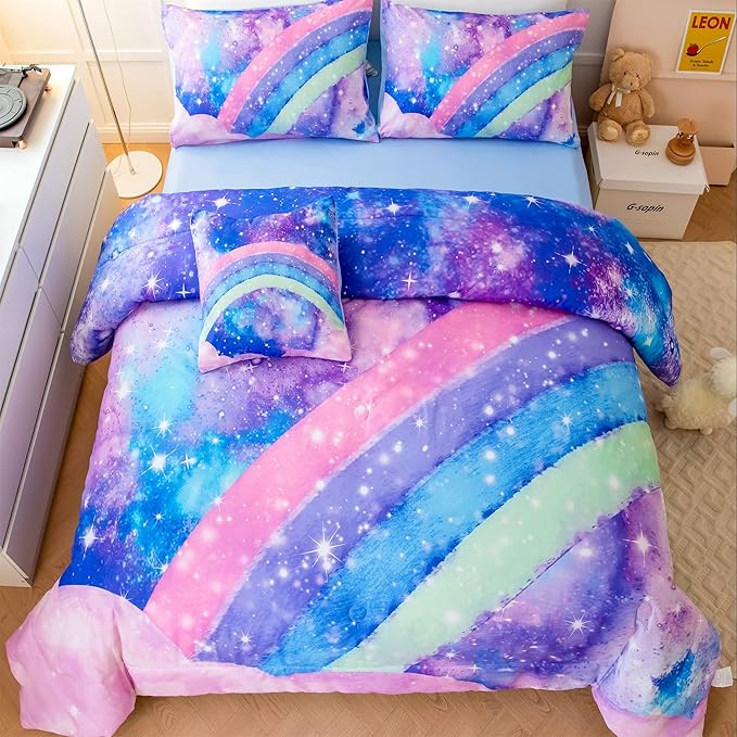 Tie Dye Blue Teens Comforter Set Queen for Girls, 3D Rainbow Gradient Glitter Bed in A Bag, 6 Pieces Twinkle Nebula Comforter Kids Bedding Set for All Season - LeafyLoom