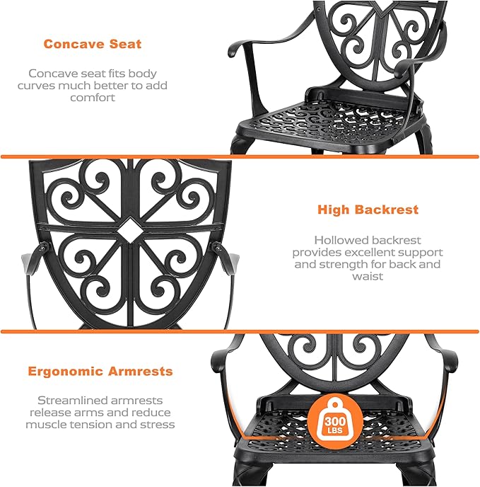 NUU GARDEN 3 Piece Outdoor Bistro Set All Weather Cast Aluminum Patio Set Bistro Table Set Rustproof Patio Table and Chairs with Umbrella Hole for Backyard, Balcony, Front Porch, Black - LeafyLoom