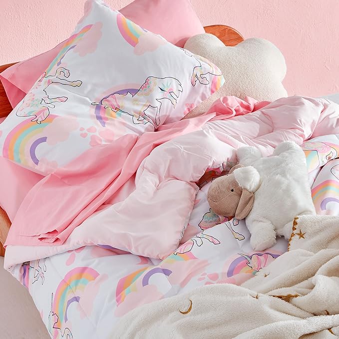 SLEEP ZONE Kids Bedding Comforter Set Full/Queen Size - Super Cute & Soft Kids Bedding 7 Pieces Set with Comforter, Sheet, Pillowcase & Sham (Pink Unicorn) - LeafyLoom