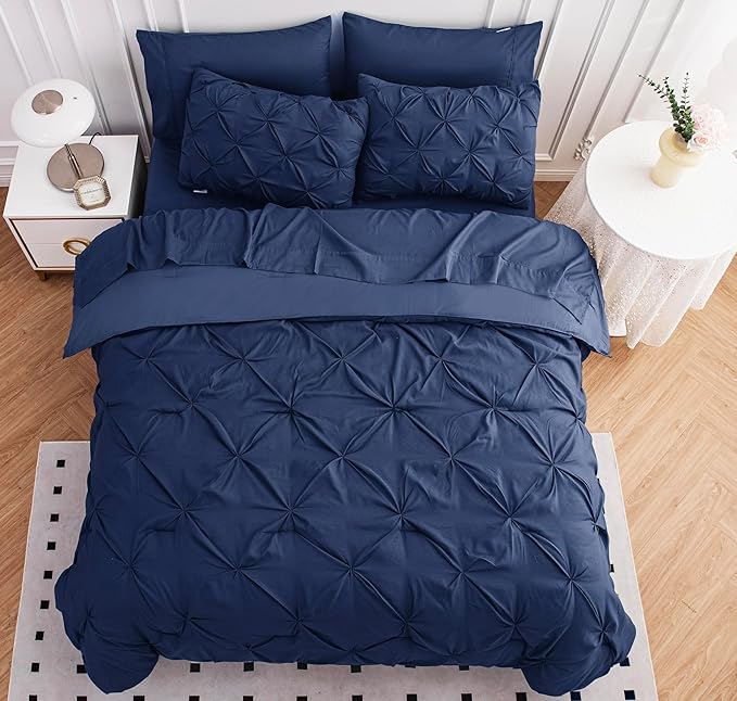 Lane Linen King Size Comforter Set, 7 Piece Bedding King Size, Pintuck King Bed in a Bag Set, Soft King Size Bed Set, Pinch Pleated King Size Comforter Set with Sheets, Pillowcases & Shams - Navy Blue - LeafyLoom