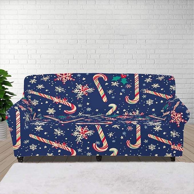 FKELYI Christmas Easy Going Stretch Sofa Slipcover Blue Candy Cane Furniture Protector Easy Going Stretch Sofa Slipcovers with Elastic Bottom L FKELYI