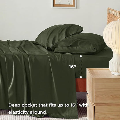 Bedsure Full Size Sheets, Cooling Sheets Full, Rayon Derived from Bamboo, Deep Pocket Up to 16", Breathable & Soft Bed Sheets, Hotel Luxury Silky Bedding Sheets & Pillowcases, Olive green - LeafyLoom