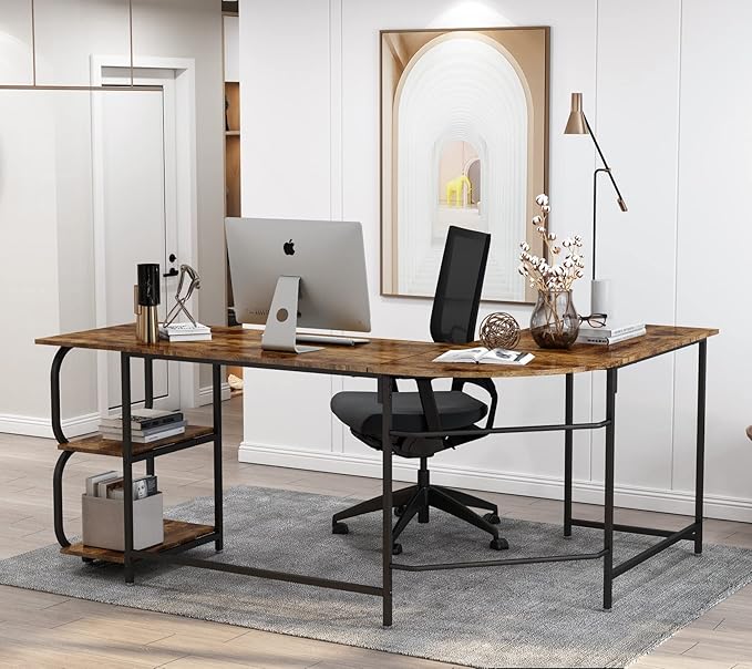 Anivia 68.9" Reversible L Shaped Desk with Storage Shelves - Corner Computer Desks Gaming Table Workstation for Home Office, Writing, Study, Caramel Brown - LeafyLoom