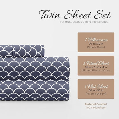 3 Piece Twin Bedding Sheet Set (Navy Scallops) - Sleep Better Than Ever with These Ultra-Soft & Cooling Bed Sheets for Your Twin Size Bed - Deep Pocket Fits 16" Mattress - LeafyLoom