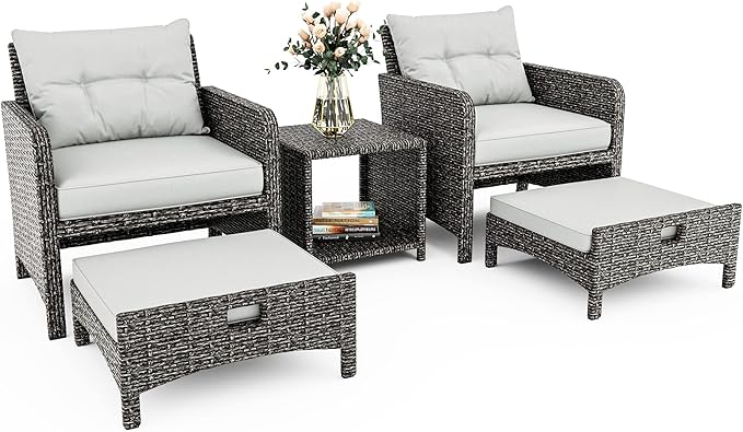 Pamapic 5 Pieces Wicker Patio Furniture Set Outdoor Patio Chairs with Ottomans Conversation Furniture with coffetable for Poorside Garden Balcony(Grey Cushion +Grey Rattan)… - LeafyLoom