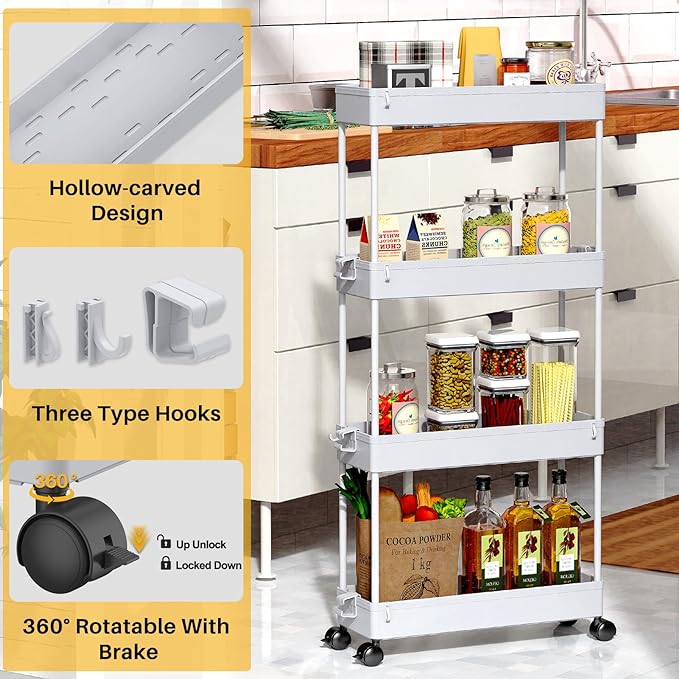 SPACEKEEPER Slim Rolling Storage Cart 4 Tier Bathroom Organizer Mobile Shelving Unit Storage Rolling Utility Cart Tower Rack for Kitchen Bathroom Laundry Narrow Places, Gray - LeafyLoom