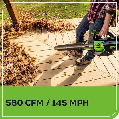 Greenworks 80V (145 MPH / 580 CFM / 75+ Compatible Tools) Cordless Brushless Axial Leaf Blower, 2.5Ah Battery and Charger Included - LeafyLoom