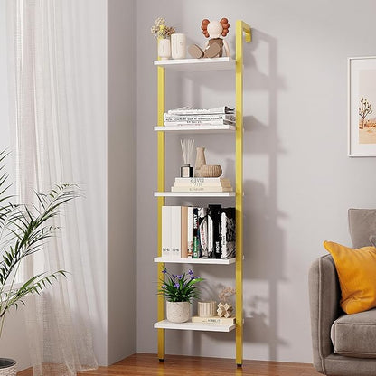 YMYNY 5 Tiers Ladder Bookcase, Industrial Wall Mounted Bookshelf, Open Display Rack with Metal Frame, Wooden Storage Shelves for Bedroom, Home Office, Living Room, White+Gold, 70*17.3*11.8"UHBC015W - LeafyLoom