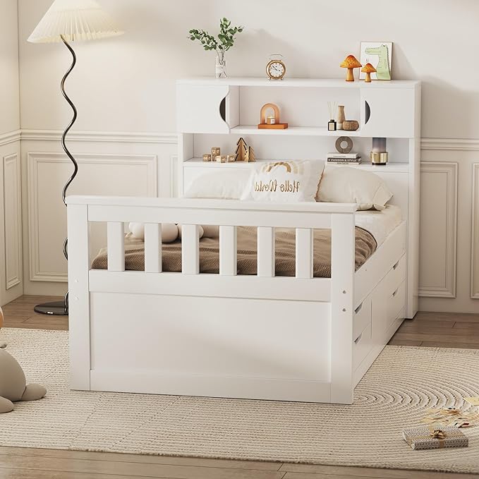 Merax Twin Size Bed Frames with Bookcase Headboard,Kids Wooden Platform Bed with 4 Drawers,White Captain Platform Bed with Storage Underneath - LeafyLoom