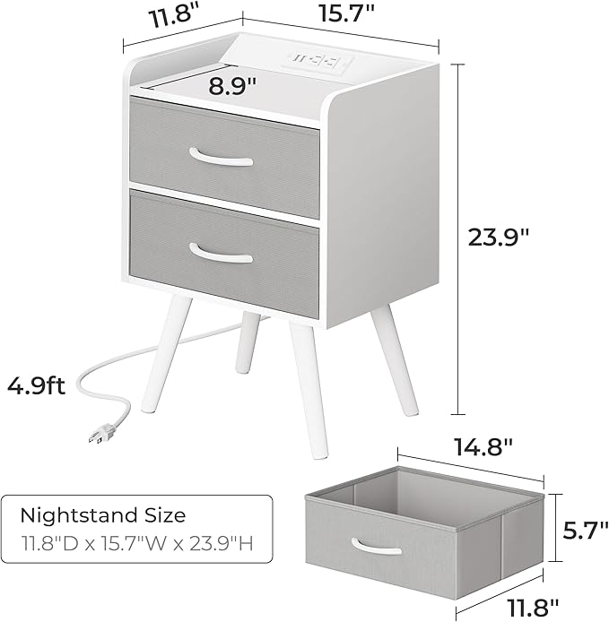 Night Stand with Charger Station, Nightstand with Drawers, Bedside Table, End Table with Solid Wood Feet, White Nightstand, Side Tables for Bedroom - LeafyLoom