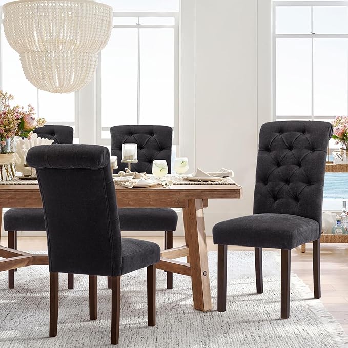 COLAMY Button Tufted Dining Chairs Set of 4, Parsons Upholstered Fabric Dining Room Chairs Kitchen Chairs with Wood Legs and Padded Seat, Black - LeafyLoom