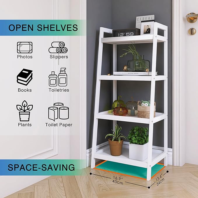 SMIBUY Ladder Shelf, 4 Tier Bamboo Bookshelf, Bathroom Storage Organizer Plant Display Stand, Freestanding Open Shelving Unit with Handles for Home Office (White) - LeafyLoom