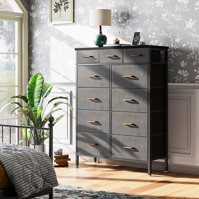 AODK Dresser with Charging Station, 52 Inches Tall Dresser for Bedroom with 11 Storage Drawers, Large Fabric Dressers for Living Room, Hallway, Dark Grey - LeafyLoom