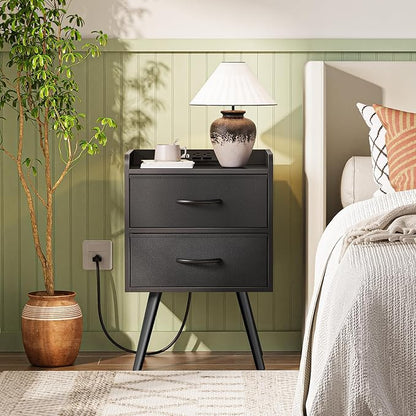 Night Stand with Charger Station, Nightstand with Drawers, Bedside Table, End Table with Solid Wood Feet, Black Nightstand, Side Tables for Bedroom - LeafyLoom