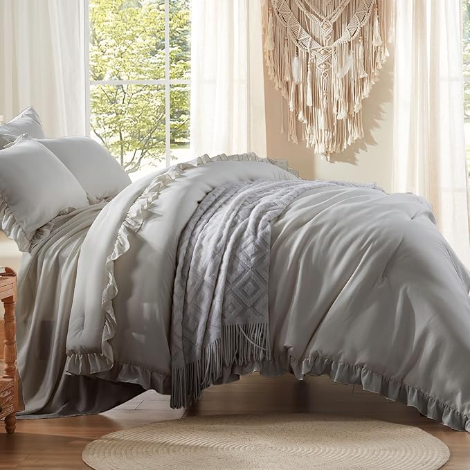 Anluoer Twin Comforter Set 5 Piece, Grey Bed in a Bag with Sheets, All Season Ruffle Shabby Chic Bedding Sets with 1 Comforter, 1 Pillow Sham, 1 Pillowcase, 1 Flat Sheet, 1 Fitted Sheet - LeafyLoom