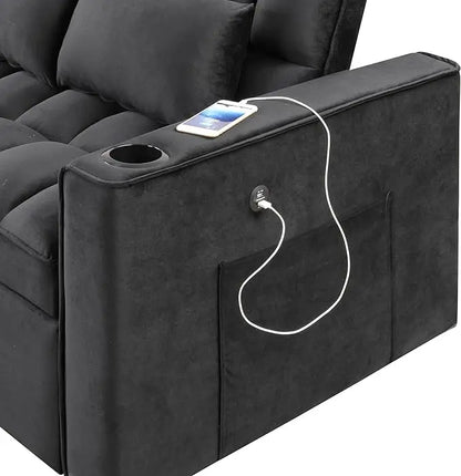 Convertible Sleeper Couch Bed, Black w/ 2 Cup Holder and USB Port - LeafyLoom