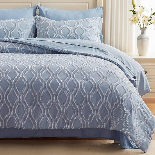 EMME Twin Comforter Set - 5 Pcs Blue Boho Bedding Sets, Twin Size Tufted Comforter with Sheets, Shabby Chic Embroidery Bed Set Fluffy Bed Bag for All Season(68"X90") - LeafyLoom