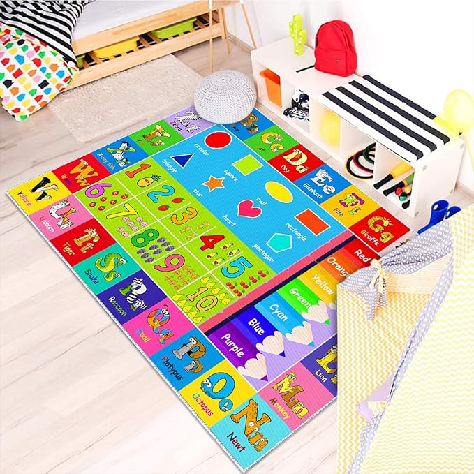 Kids Alphabet Play Game Rug - 3' 3" x 5' 3" ABC Numbers and Shapes Educational Learning Toddler Carpet - Kids Room Playroom Classroom Kindergarten Activity Fun Soft Non-Slip Mat - LeafyLoom