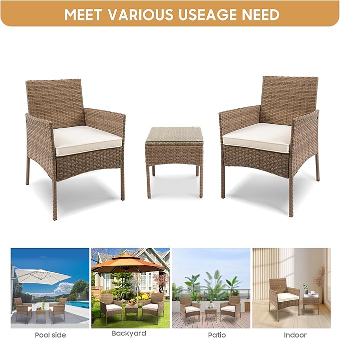 YIYAN 3 Pieces Patio Bistro Set Outdoor Wicker Furniture Outdoor Porch PE Rattan Wicker Chairs Furniture Sets with Sofa Chairs,Glass Coffee Table and White Washable Cushion - LeafyLoom