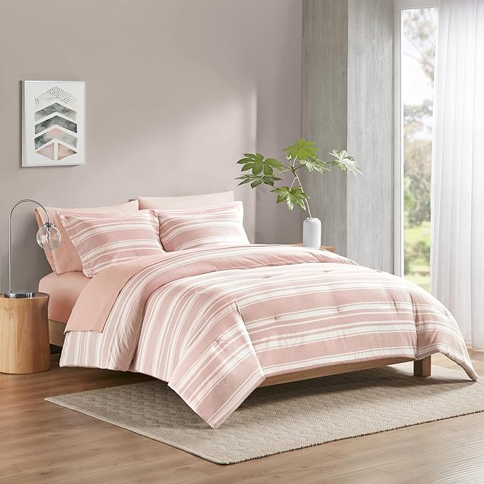 Codi Pink Comforter Set Full Size Bed 7 Piece, Striped Bed in a Bag Reversible for Teen Girls, Cationic Dyeing Bedding Sets with Comforter, Sheets, Pillowcases & Shams - LeafyLoom