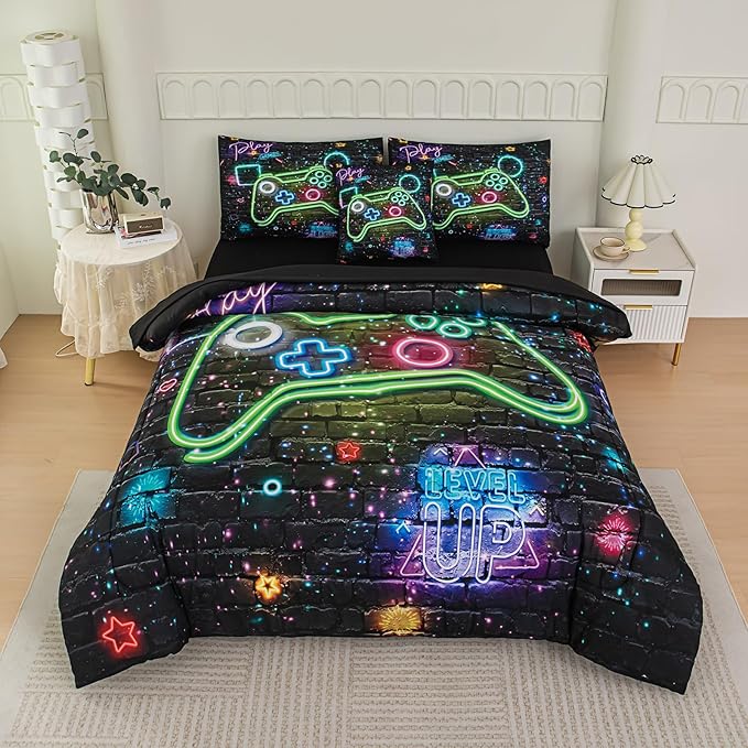 NINENINE Gaming Bedding Sets for Boys, 6PCS Queen Size Comforter Sets for Boys,Gamer Bedding Bed in A Bag Comforter Sheet Set(1Comforter,1Flat Sheet,1Fitted Sheet,1Cushion Cover,2Pillowcases)… - LeafyLoom