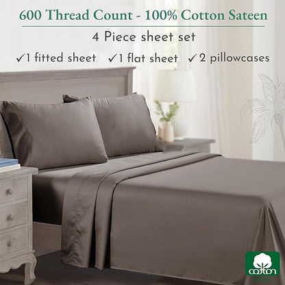 California Design Den 600 Thread Count Sheets King, 100% Cotton Sheet, Sateen, King Size Bed Sheets, Soft, Cooling, Hotel-Quality Bedding with Deep Pockets - Brown - LeafyLoom