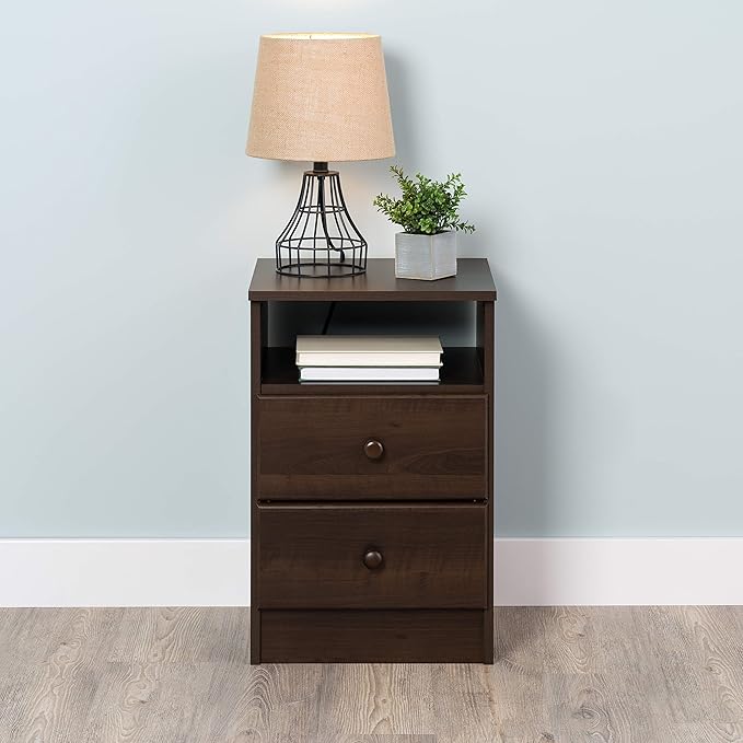 Prepac Astrid Simplistic Nightstand Side Table with 2 Drawers and Open Shelf, Functional Bedside Table 15.5" D x 16" W x 24.5" H, Espresso, EDNH-0402-1 - LeafyLoom