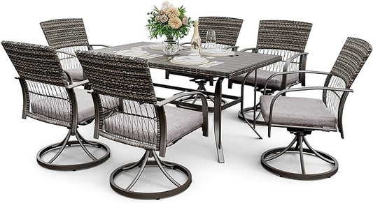 Pamapic 7 Piece Outdoor Dining Set, Rattan Outdoor Patio Furniture Set for Deck Backyard Garden with Iron Outdoor Dining Table, 6 Swivel Outdoor Dining Chairs and Removable Cushions (Gray) - LeafyLoom