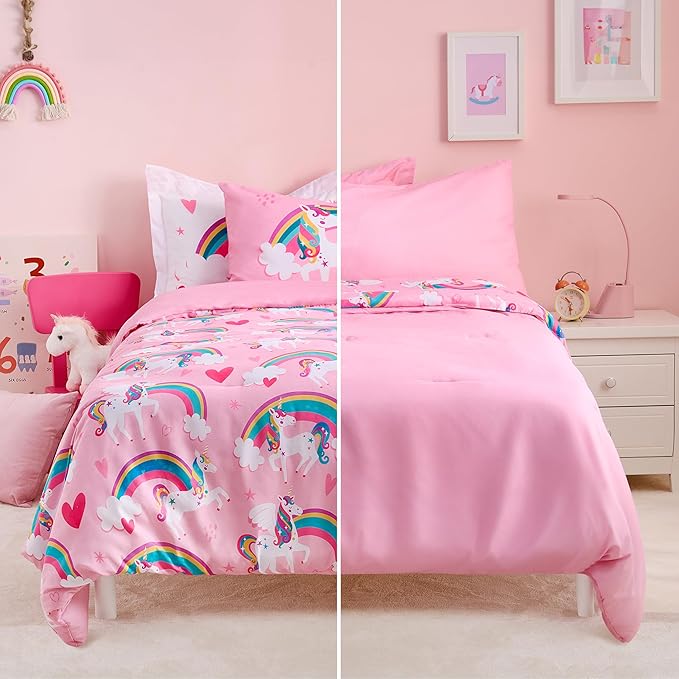 Joiedomi Kid Twin Comforter Set - 5 Piece Unicorn Rainbow Bedding Set for Boys/Girls - Super Soft Microfiber Bed in a Bag with Comforter, Sheets, Pillowcase & Sham - LeafyLoom