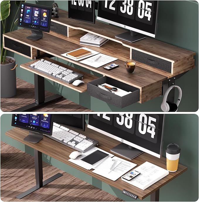 Electric Standing Desk, Multifunctional Standing Desk Adjustable Height, 63 * 24 Standing Desk with 4 Drawers, Ergonomic Adjustable Standing Desk with Keyboard Tray, Rustic Brown - LeafyLoom