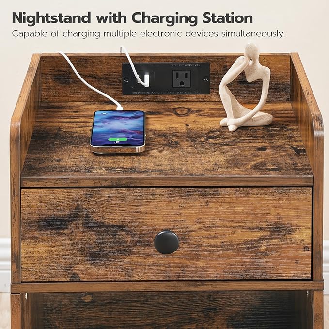 HOOBRO Nightstand with Charging Station, End Table with Drawer and Opening Shelf, Side Table with USB Ports and Outlets, Bedside Table for Bedroom, Small Night Stand, Rustic Brown FG18UBZ01 - LeafyLoom