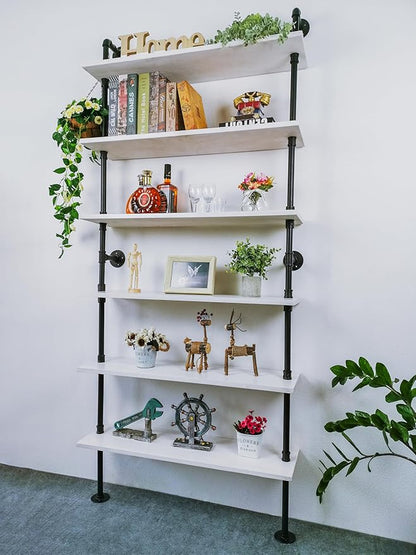 6 Tier Industrial Ladder Shelf Bookcase, Wall Mounted Rustic Bookshelf for Living Room Decor and Storage (White, 6 Tier - 10" D x 36" W x 82.5" H) - LeafyLoom