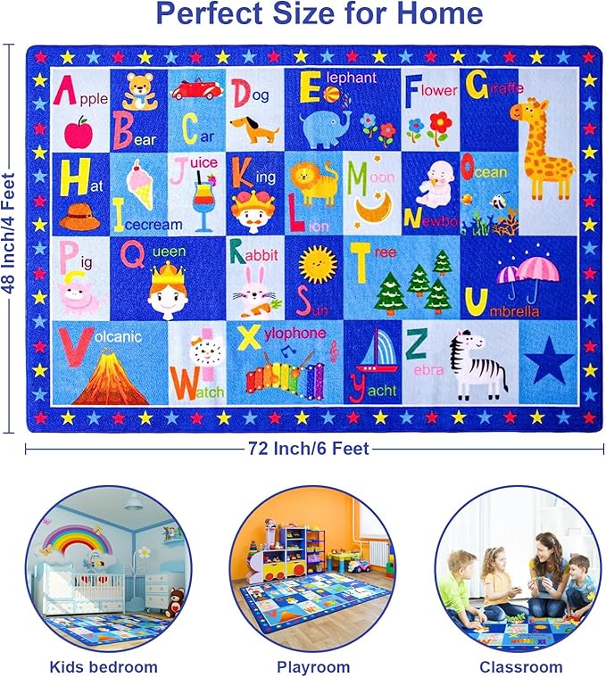 Terrug Kids Rugs ABC Alphabet Carpet Playmat, Word Educational Area Rug, Non Slip Cute Cartoon Daycare Supplies, Kids Gift for Playroom, Classroom, Bedroom and Nursery (4x6 Feet) - LeafyLoom