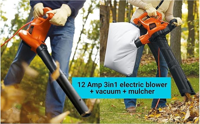 BLACK+DECKER 3-in-1 Leaf Blower, Leaf Vacuum and Mulcher, Up to 230 MPH, 12 Amp, Corded Electric (BV3600) - LeafyLoom