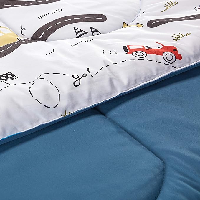 SLEEP ZONE Kids Twin Bedding Comforter Set - Super Cute & Soft Kids Bedding 5 Pieces Set with Comforter, Sheet, Pillowcase & Sham (Car Road) - LeafyLoom