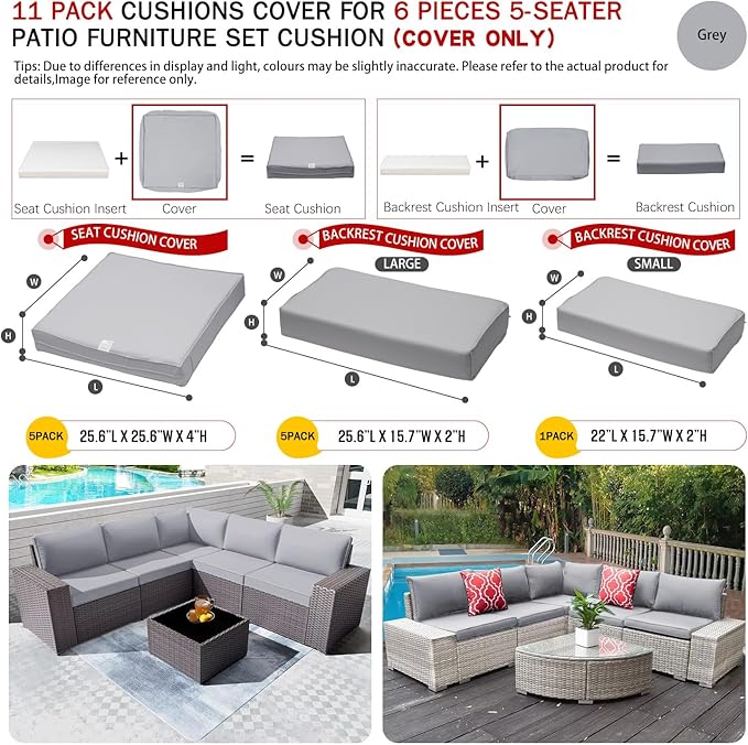 ClawsCover 11Pack Outdoor Seat and Back Cushions Replacement Covers Fit for 5-Seater 6 Pieces Wicker Rattan Patio Conversaton Set Sectional Couch Chairs Furniture,Gray-Include Cover Only - LeafyLoom