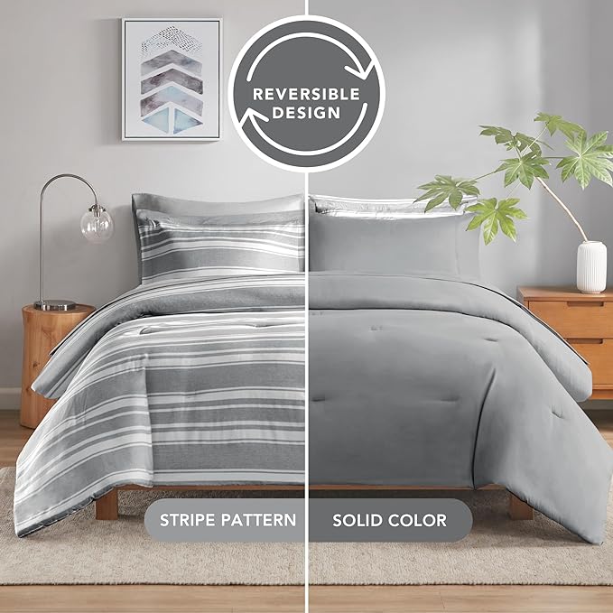 King Size Bed in a Bag, Full Bedding Sets, Modern Farmhouse Grey and White Striped Comforter with Sheets, 7-Piece Complete Bedroom Set - LeafyLoom