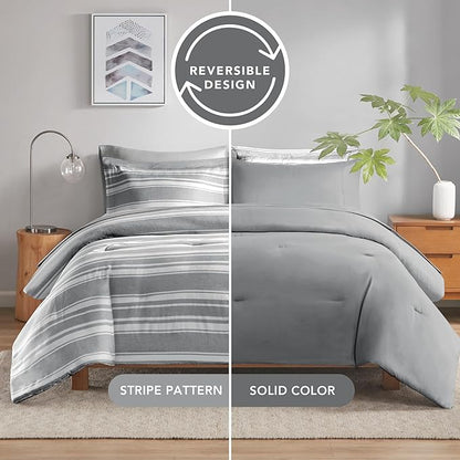 King Size Bed in a Bag, Full Bedding Sets, Modern Farmhouse Grey and White Striped Comforter with Sheets, 7-Piece Complete Bedroom Set - LeafyLoom