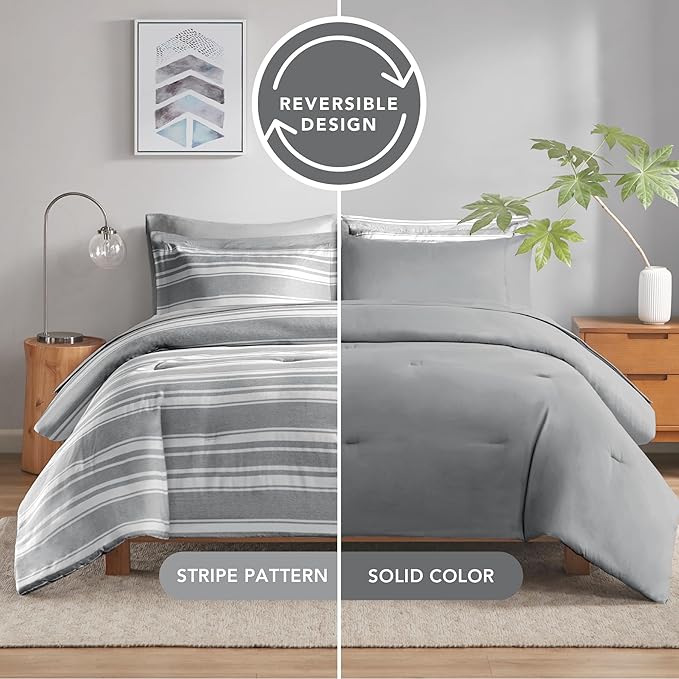 Full-size Bed in a Bag, Full Bedding Sets, Modern Farmhouse Grey and White Striped Comforter with Sheets, 7-Piece Complete Bedroom Set - LeafyLoom