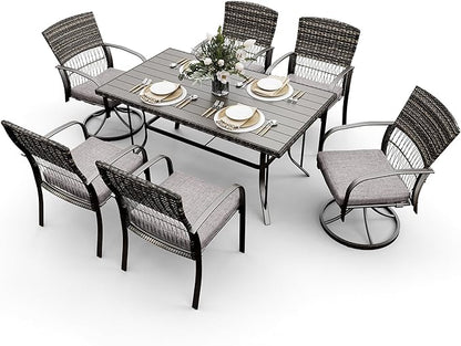 Pamapic 7 Piece Patio Dining Set for 6,Wicker Outdoor Furniture Set for Backyard Garden Deck Poolside with Iron Slats Table Top,4 Dining Chairs and 2 Swivel Rockers,Removable Cushions(Gray) - LeafyLoom