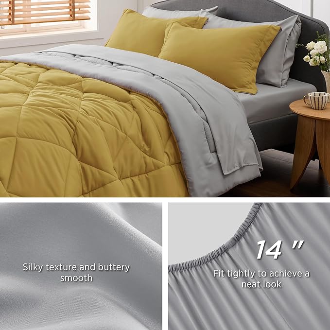 Bedsure Mustard Yellow Full Size Comforter Set - 7 Pieces Reversible Full Bed in a Bag, Full Bed Set Mustard Yellow and Grey with Comforters, Sheets, Pillowcases & Shams - LeafyLoom