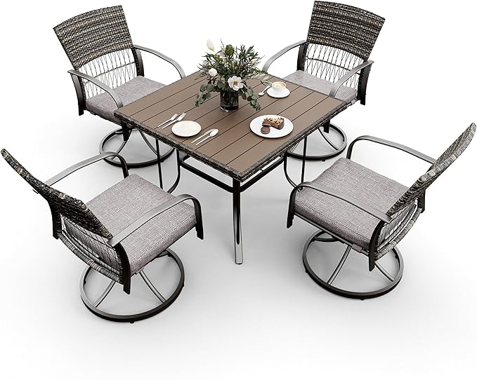 Pamapic 5 Piece Patio Dining Set for 4,Wicker Outdoor Furniture Set for Backyard Garden Deck Poolside with Square Plastic-Wood Table Top,4 Cushions Swivel Rocker Chairs,Removable Cushions(Gray) - LeafyLoom