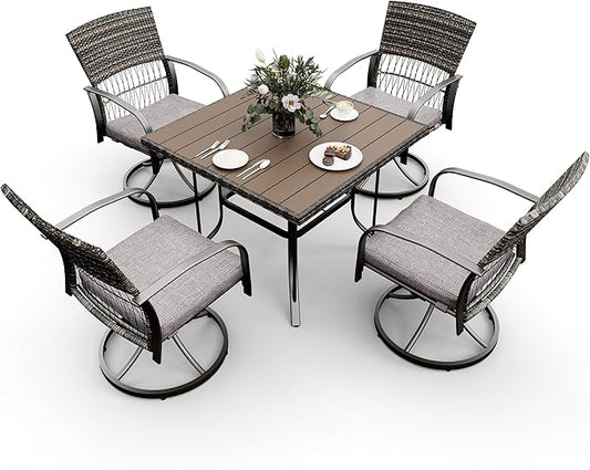 Pamapic 5 Piece Patio Dining Set for 4,Wicker Outdoor Furniture Set for Backyard Garden Deck Poolside with Square Plastic-Wood Table Top,4 Cushions Swivel Rocker Chairs,Removable Cushions(Gray) - LeafyLoom