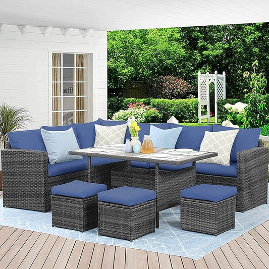 Wisteria Lane Outdoor Patio Furniture Set, 7 Piece Outdoor Dining Sectional Sofa with Dining Table and Chair, All Weather Wicker Conversation Set with Ottoman,Blue - LeafyLoom