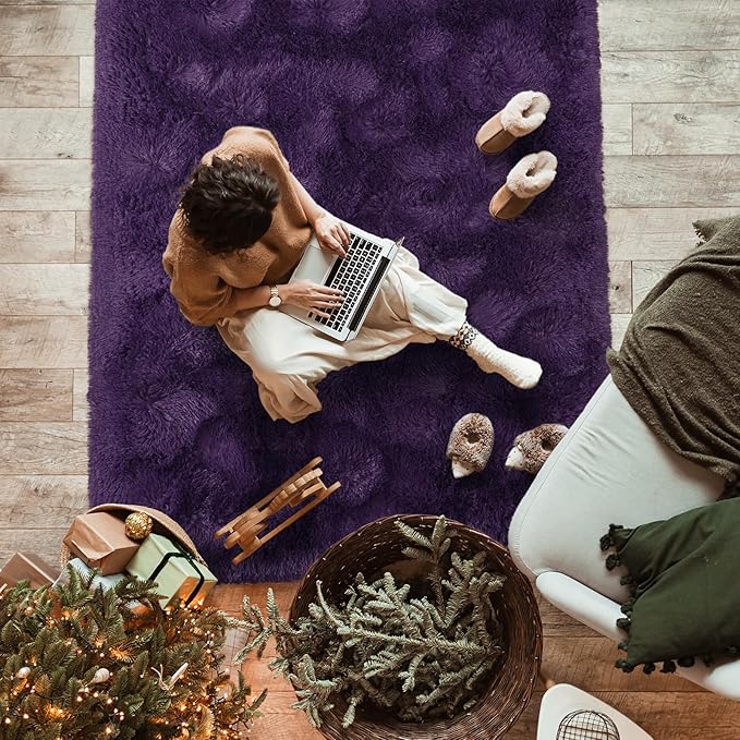 Softlife Ultra Soft Fluffy Area Rugs for Bedroom, Girls and Boys Room Kids Room Nursery Rug, 3 x 5 Feet Shaggy Fur Indoor Plush Modern Floor Carpet for Living Room Christmas Decor, Dark Purple - LeafyLoom