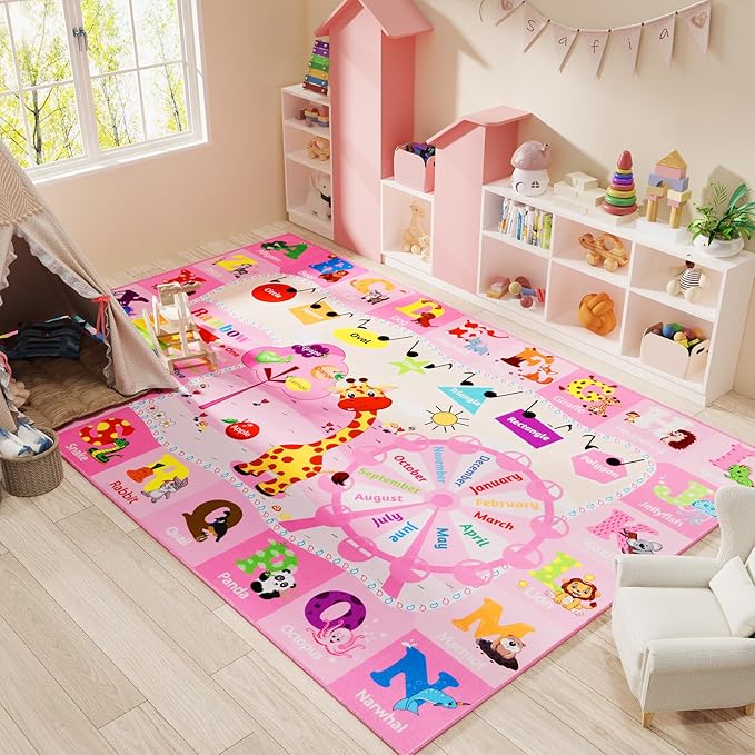 Pink Playroom Rug 4x6,Rugs for Girls Kids Bedroom Nursery Rug,ABC Rug with Alphabets Animals Shapes,Educational and Fun Child Playmat Baby Care Rug,Learning Rug Carpets for Children Toddler - LeafyLoom